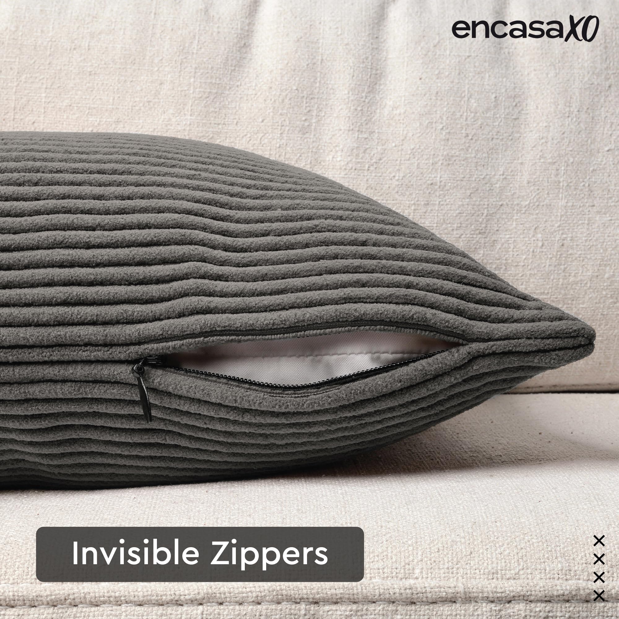 Encasa XO Corduroy Cushion Covers, No Inserts, Set of 2, Dark Grey