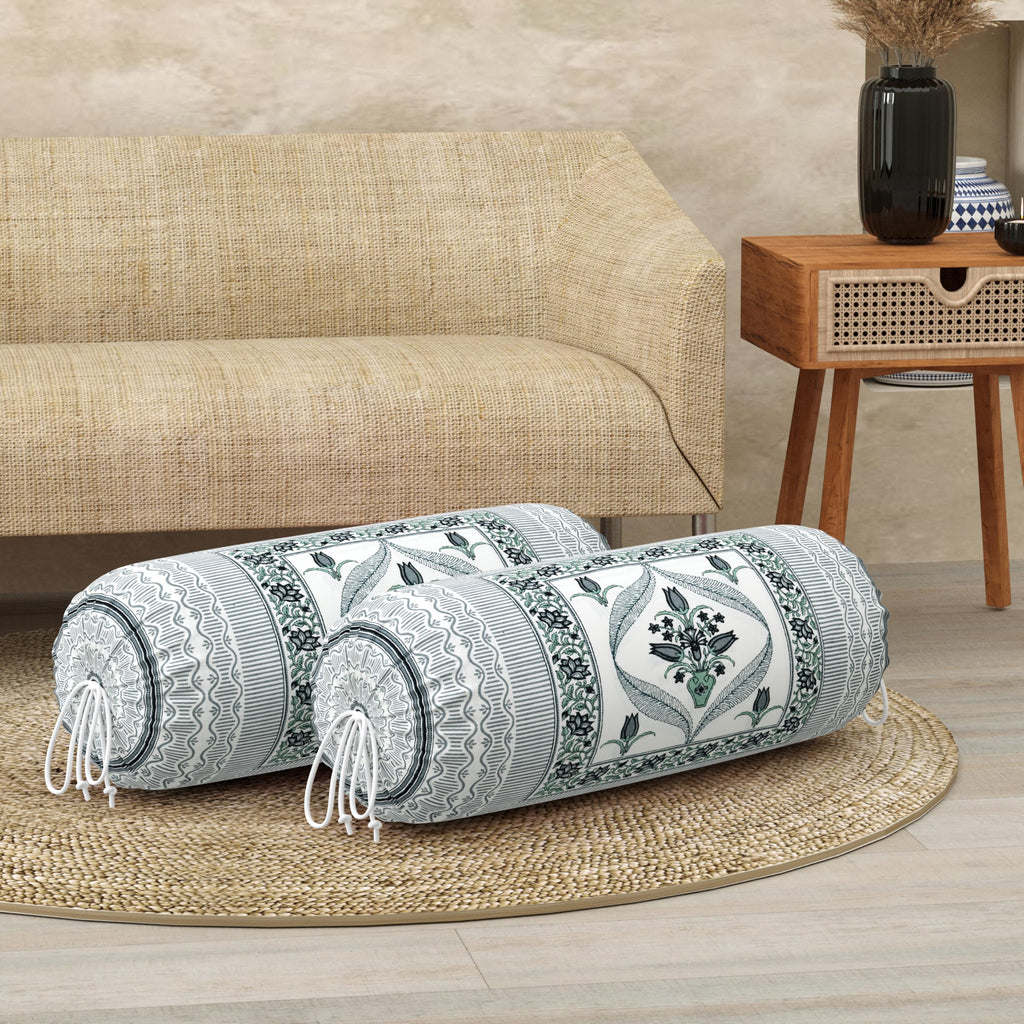 BLOCKS OF INDIA Cotton Hand Block Printed Bolster Cover | Booster Cover with Drawstring | Round Long Pillow Cover for Bed | Dewan Pillow Cover Set 16 X 32 | Set of 2 (Color 29)