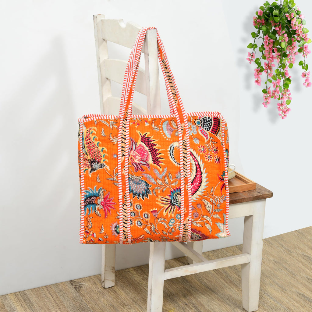 MITTICO Quilted Cotton Tote Bag for Women – Large Shoulder Handbag with Zipper & Multiple Pockets | Lightweight Travel Tote for Office, Shopping & Daily Use | Orange Floral Print