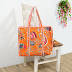 MITTICO Quilted Cotton Tote Bag for Women – Large Shoulder Handbag with Zipper & Multiple Pockets | Lightweight Travel Tote for Office, Shopping & Daily Use | Orange Floral Print