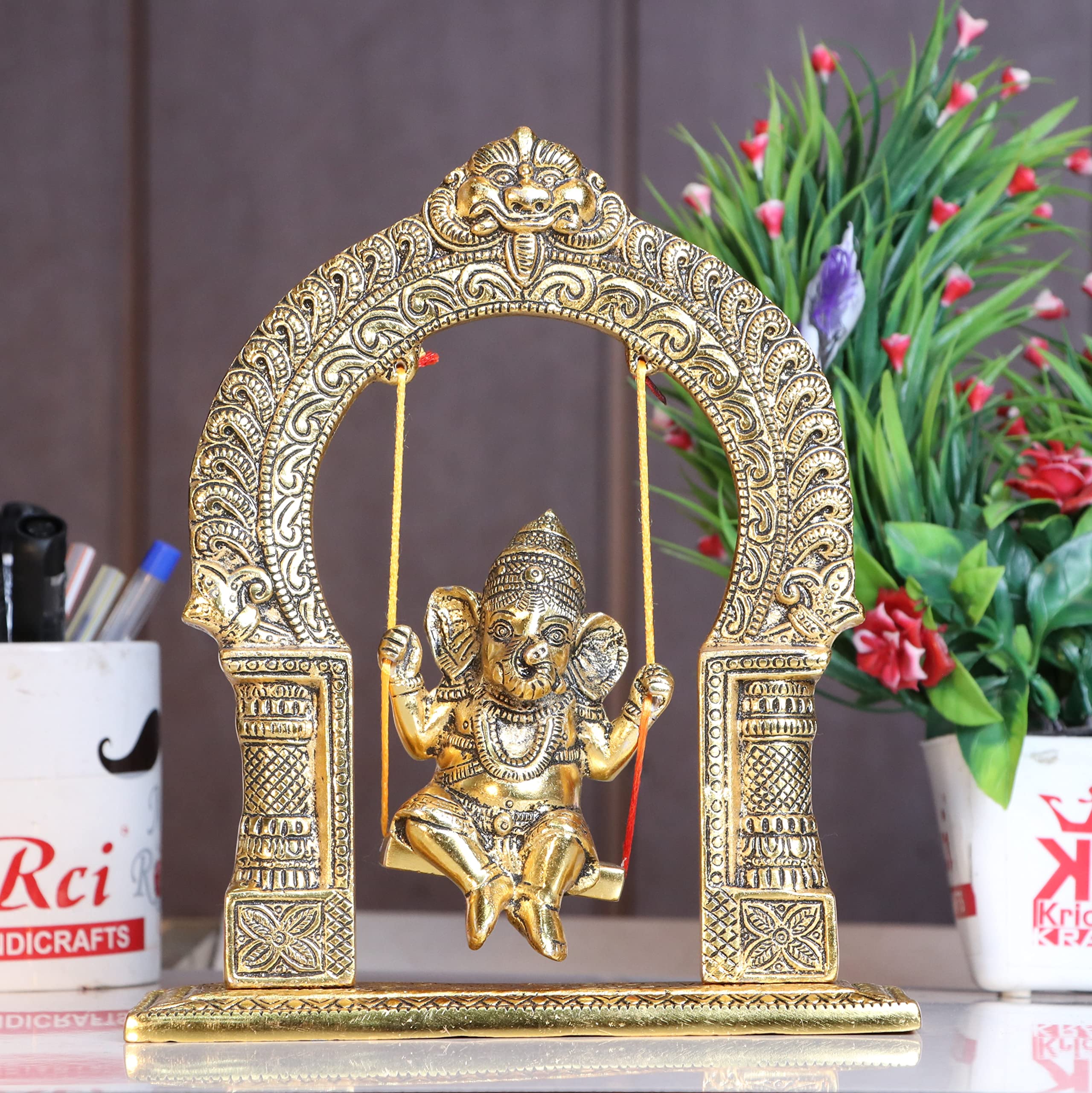 KridayKraft Ganesh ji dori jhula Idol, Ganpati Idol on Swing jhula for Temple Pooja, Ganesh Metal Statue Home, Office & Table Decorative, Religious Showpiece Figurines