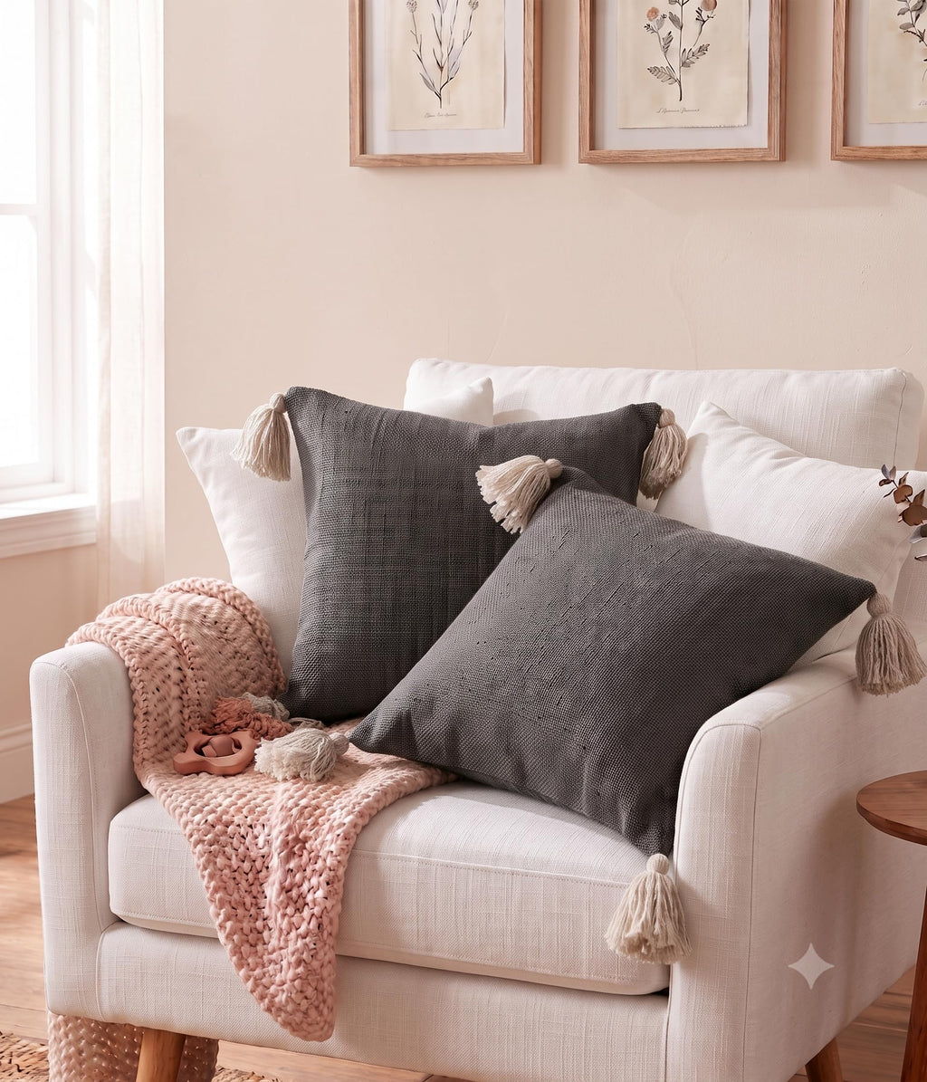 Furnistitchs Solid Boho Cushion Cover 16x16 Inches, Premium Natural Slub Fabric Throw Pillow Case with Tassels for Sofa, Couch, Living Room & Bedroom 40x40 cms, 2 pc - Pebble Grey