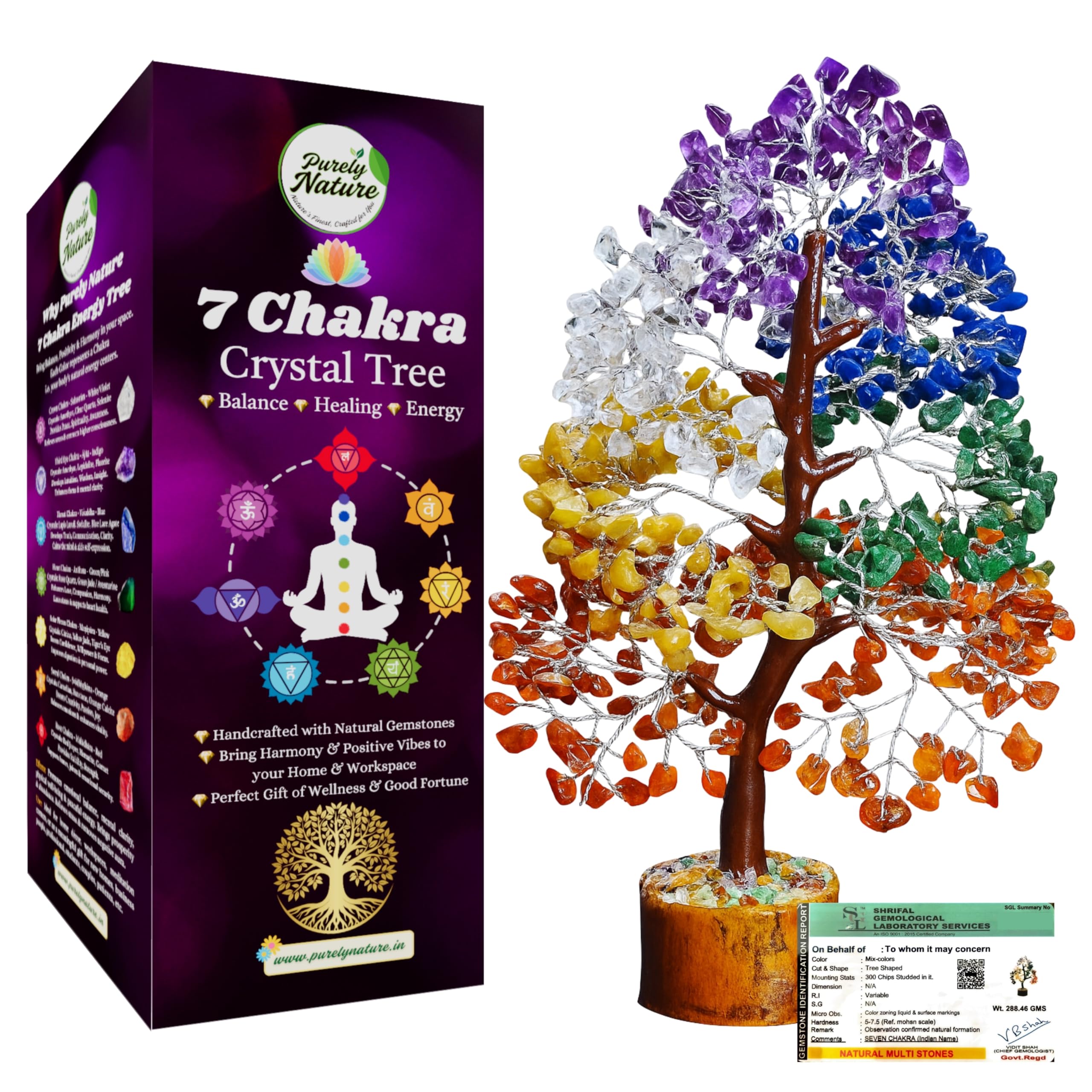 7 Chakra Crystal Tree 300 Beads – Original Natural Gemstones, Healing Bonsai Money Tree of Life for Home Decor, Vastu, Reiki, Feng Shui, Positive Energy, Prosperity & Good Luck