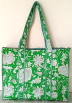 Cotton Tote bag for Women | Shoulder Bag | Reversible Bag | Durable Shopping bag | Reusable Grocery Bags | Eco friendly Bags| Handmade Cotton Bag | Stylish Quilted handBag (Flouro Green)