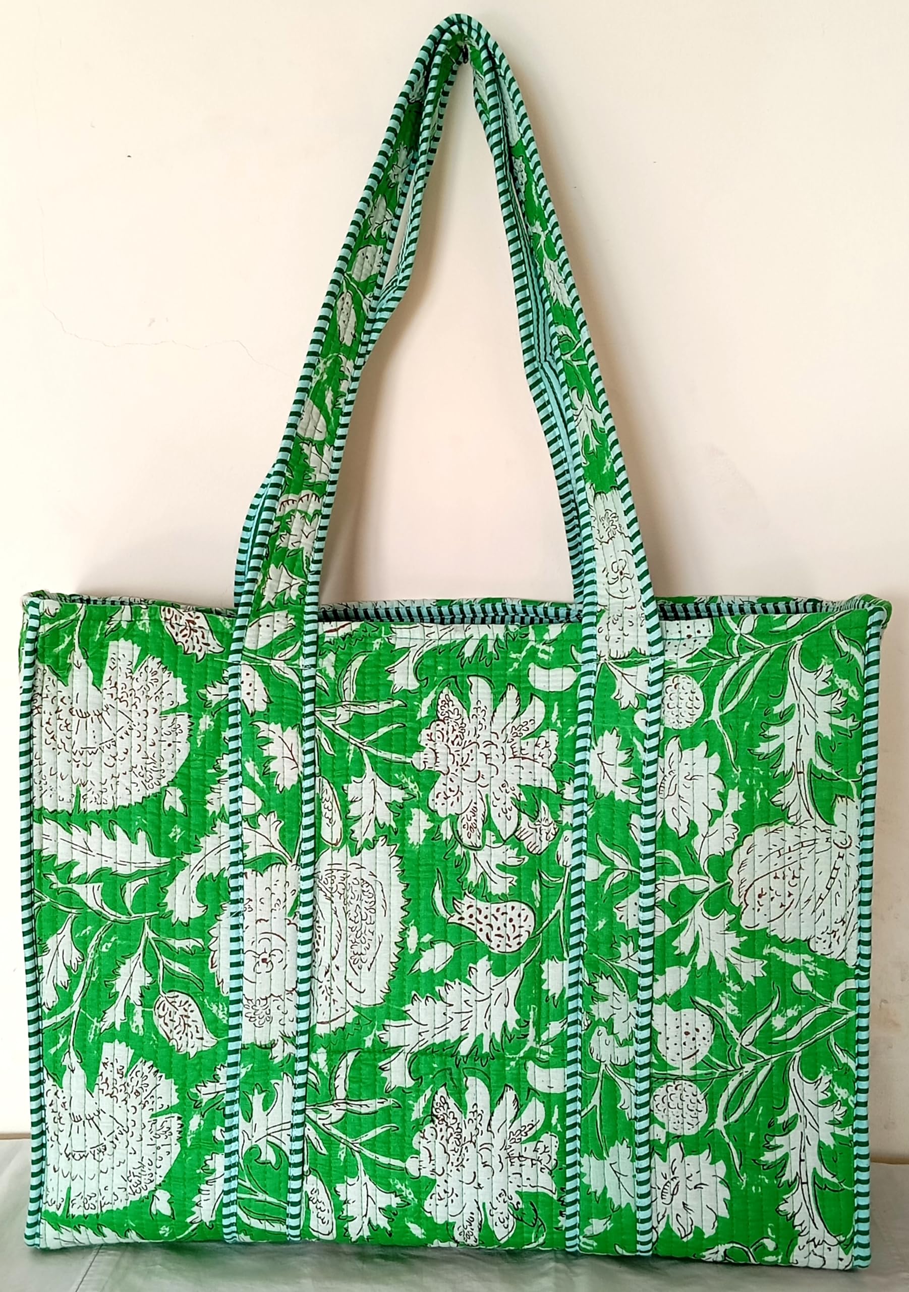 Cotton Tote bag for Women | Shoulder Bag | Reversible Bag | Durable Shopping bag | Reusable Grocery Bags | Eco friendly Bags| Handmade Cotton Bag | Stylish Quilted handBag (Flouro Green)