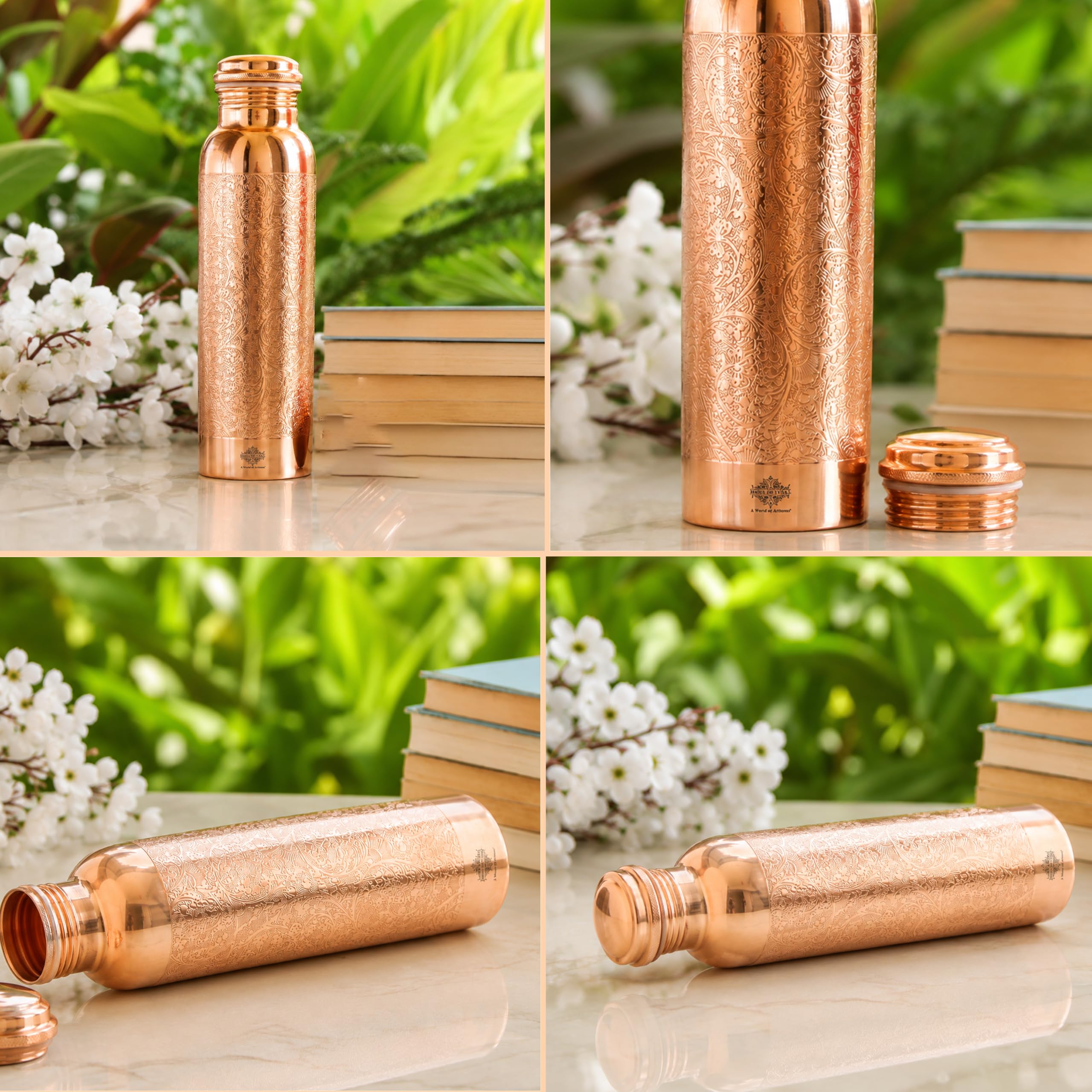 INDIAN ART VILLA Pure Copper Water Bottle with Floral Vines Embossed Design, Drinkware, Storage Purpose, Volume-1000 ML, Pack of 1