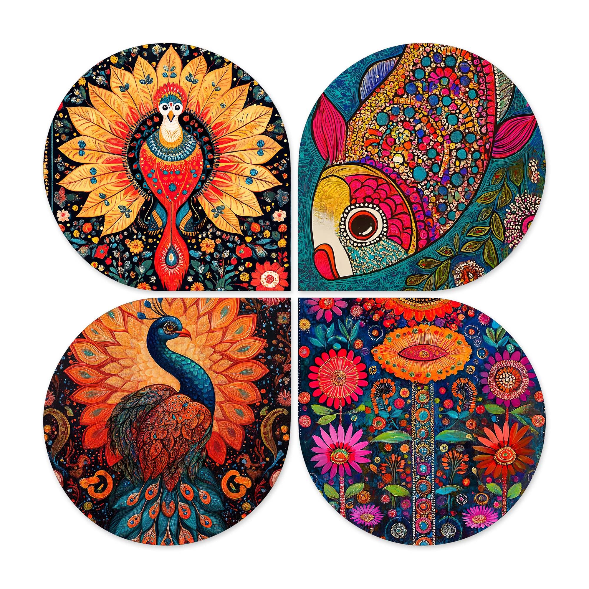 Artvibes Colorful Peacock and Fish Decorative Wall Art MDF Wooden Wall Hanger for Home | Art For Wall | Door Decoration Items | Wall Illustrations | Paintings For Wall | Gift Item (WH_8443N), Set of 4