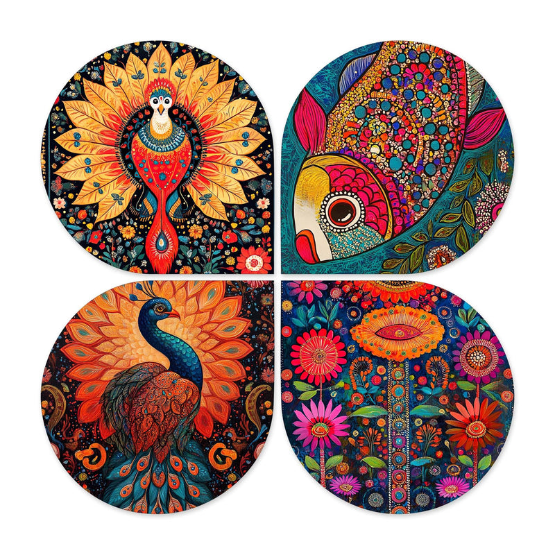 Artvibes Colorful Peacock and Fish Decorative Wall Art MDF Wooden Wall Hanger for Home | Art For Wall | Door Decoration Items | Wall Illustrations | Paintings For Wall | Gift Item (WH_8443N), Set of 4