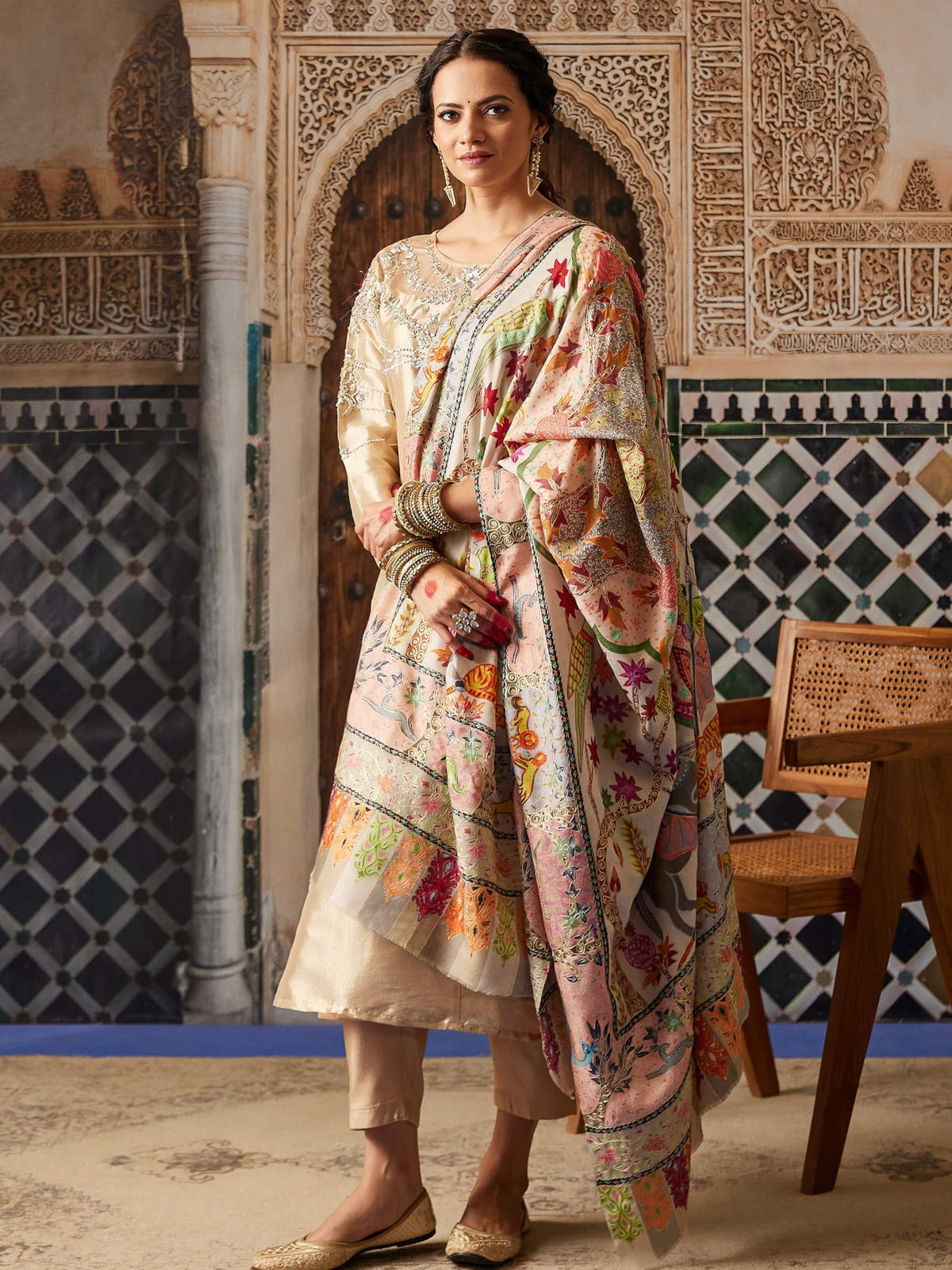 Pashmoda Women Aafreen Fine Wool Fabric Pashmina Kalamkari Embroidered Shawl, Stole and Wrap, Sustainable and Natural Fabric, Heritage Kashmiri Pashmina(Size 40x80)