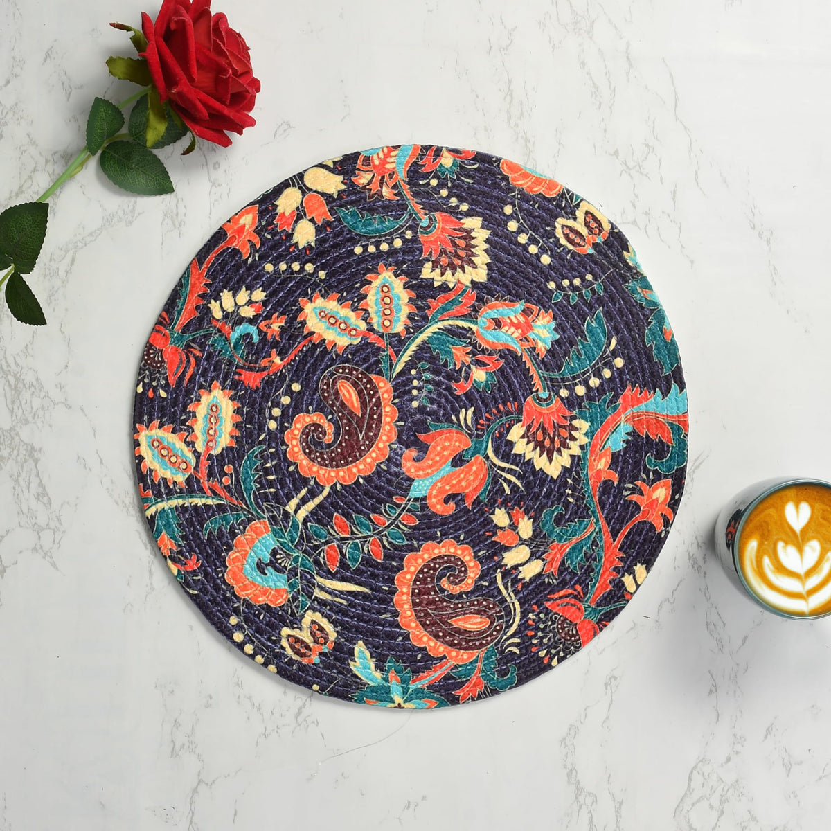 LaVichitra Cotton Table Placemat | Dining Table Mat | Bed Side Table Mat | Cotton Round Shape Placemats | Washable PlaceMat for Shelves & Plant Pots - Pack of 6, Fusion Art Kafalo