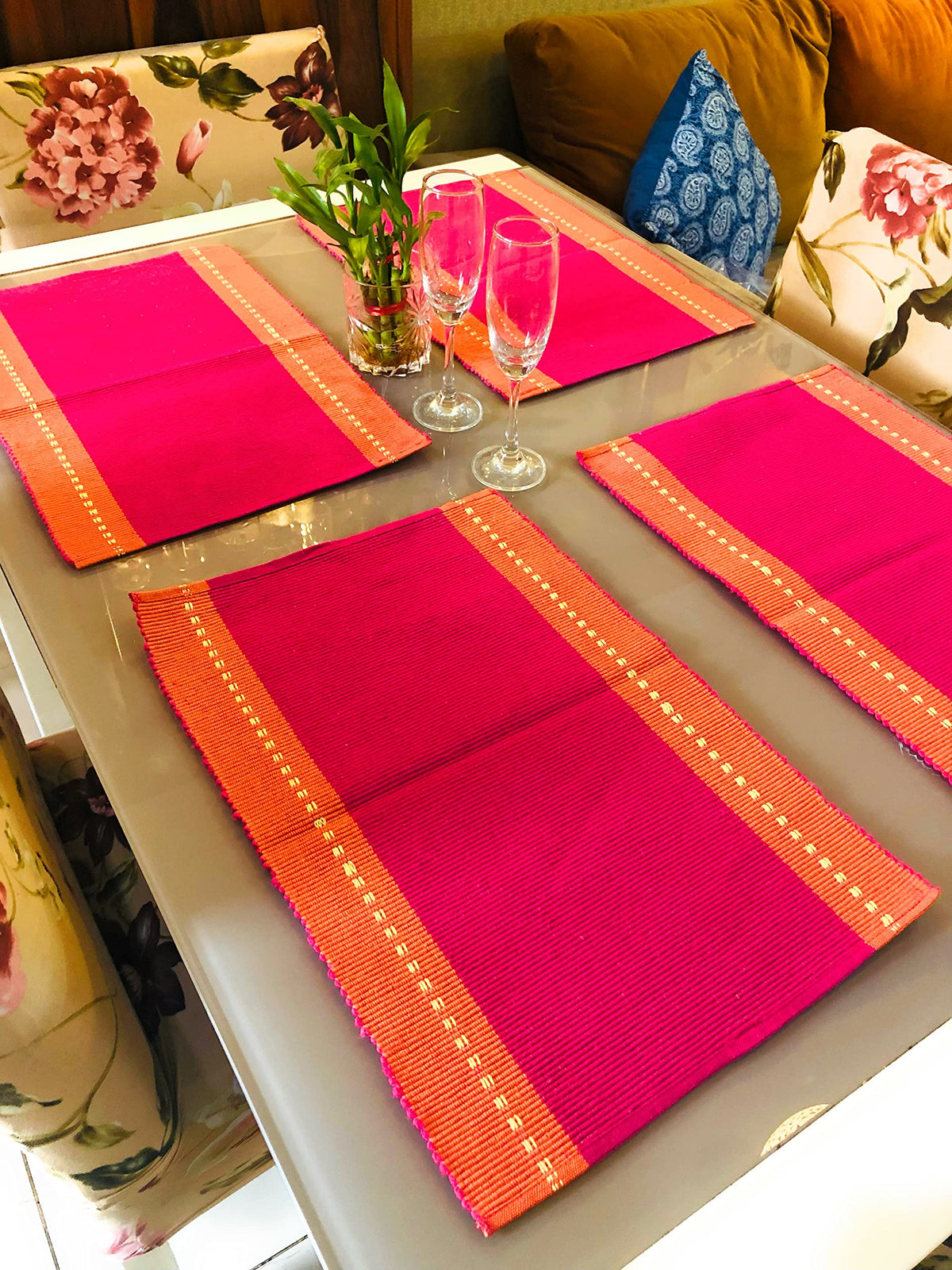 RANGBHAR Handloom Washable Ribbed Cotton Tablemats/Placemats, Set of 4, 12x18, Fade/Heat Resistant, Pink Orange, Striped Kafalo