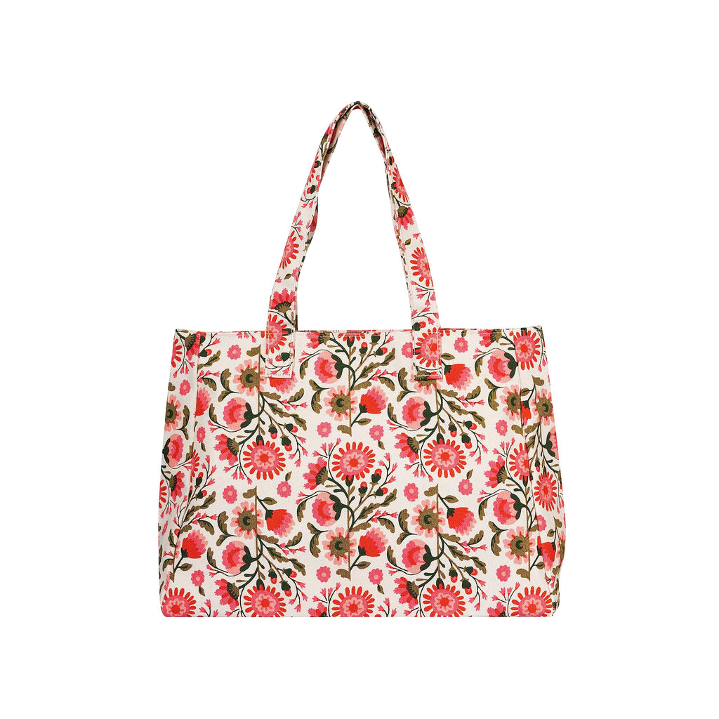 AQVA Printed Cotton Structured Canvas Tote Bag for Women | Large Capacity | Stylish Multipurpose Shoulder Bag with Zip Closure | Hand Bag for Laptop Office, Travel & Shopping (Jannat White Pink)