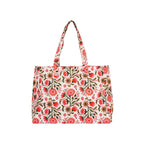 AQVA Printed Cotton Structured Canvas Tote Bag for Women | Large Capacity | Stylish Multipurpose Shoulder Bag with Zip Closure | Hand Bag for Laptop Office, Travel & Shopping (Jannat White Pink)