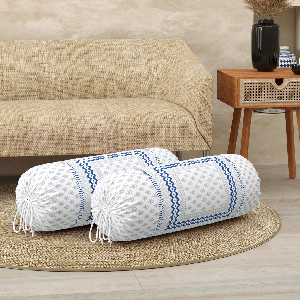 BLOCKS OF INDIA Cotton Hand Block Printed Bolster Cover | Booster Cover with Drawstring | Round Long Pillow Cover for Bed | Dewan Pillow Cover Set 16 X 32 | Set of 2 (Blue BUTI)