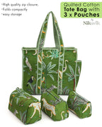 NIKAVIK 1 Tote Bags and 3 Pouch Quilted fabric Handblock Printed Tote Bag(with zip) and bottle compartment with Matching Pouches (Green)