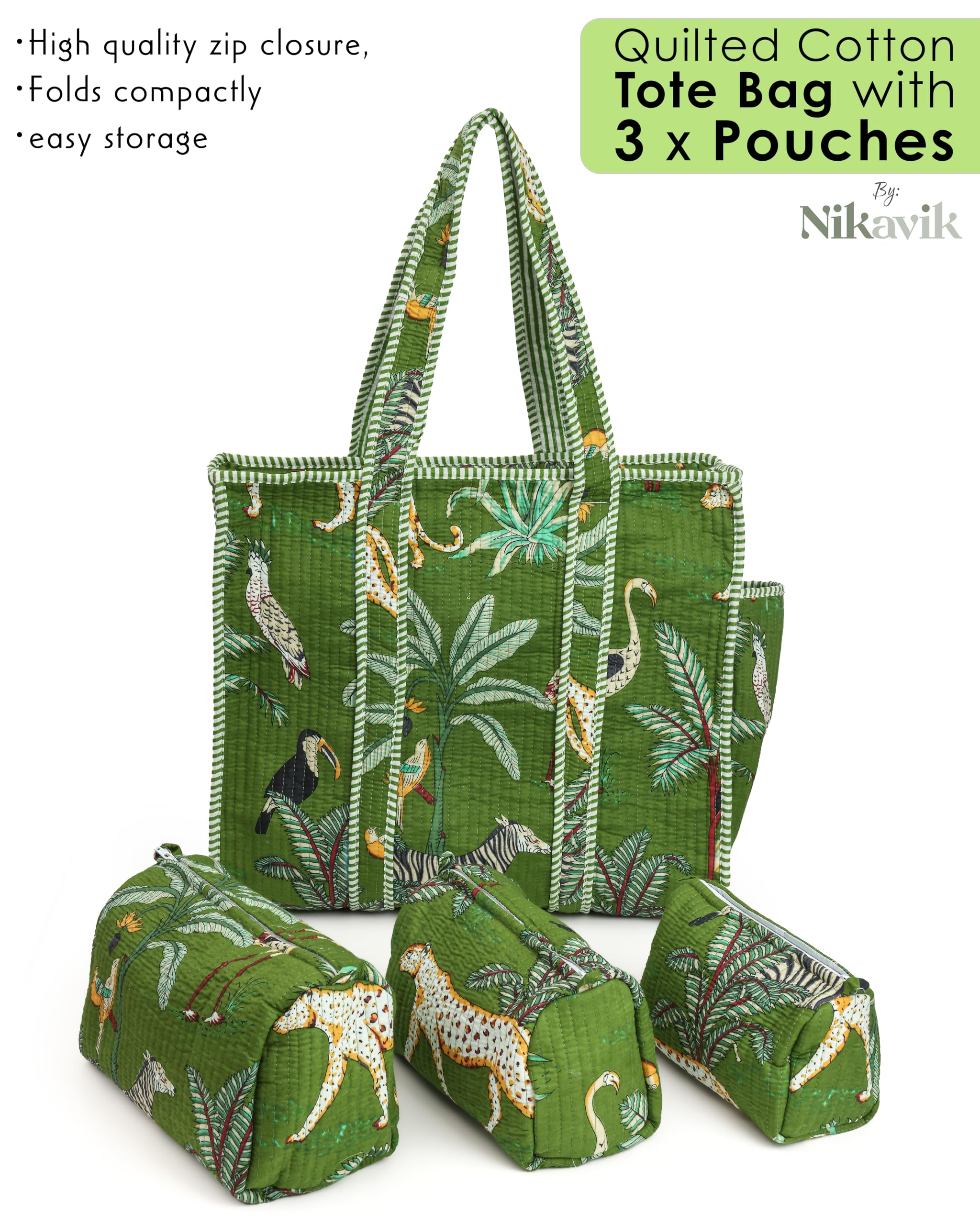 NIKAVIK 1 Tote Bags and 3 Pouch Quilted fabric Handblock Printed Tote Bag(with zip) and bottle compartment with Matching Pouches (Green)