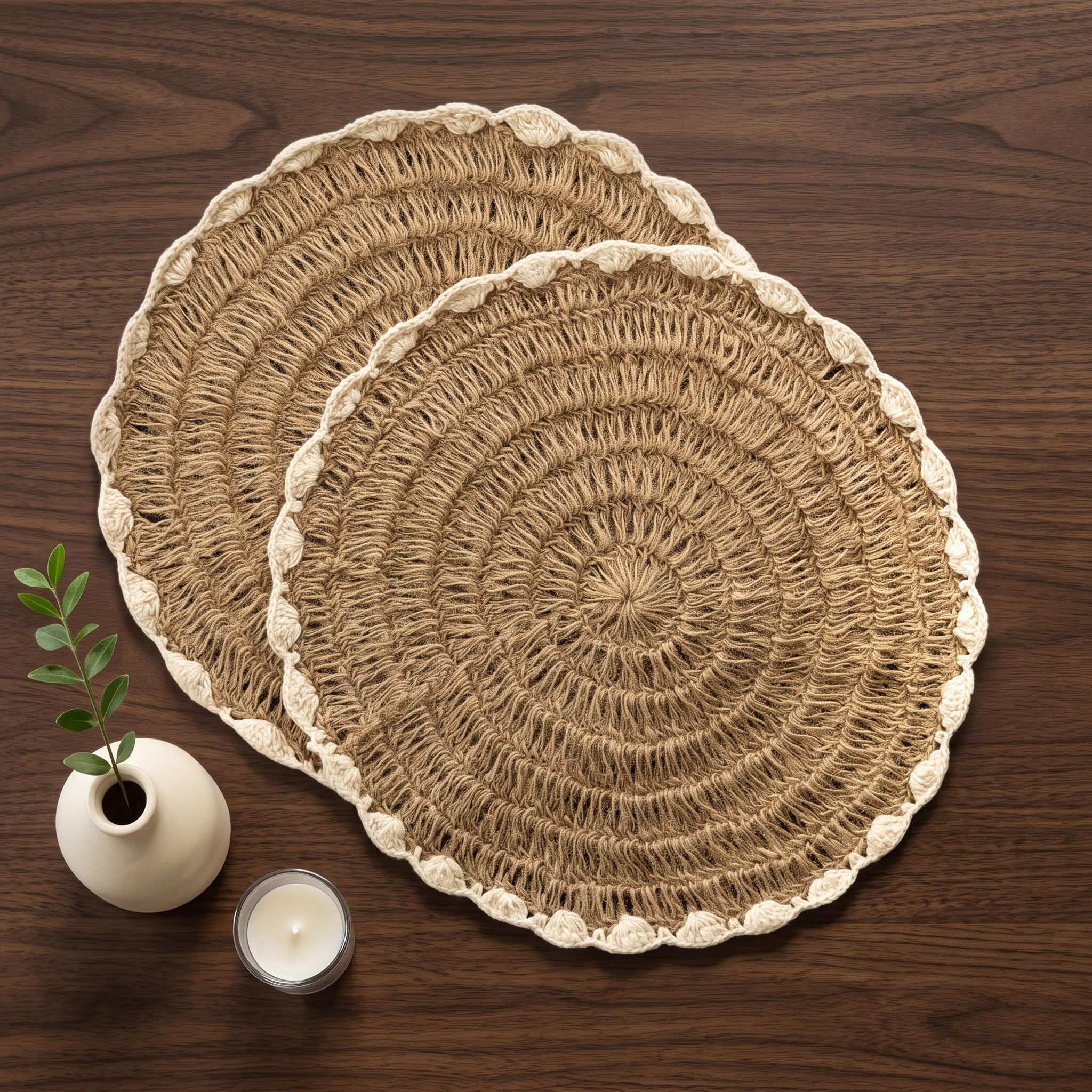R home Jute Dune Weave Set of 2 Handmade Crochet Round Placemats, 15 Inch Heat Resistant & Machine Washable Table Mats for Dining Table, Side Table, Coffee Table, Centre Table, Boho Home Decor Kafalo