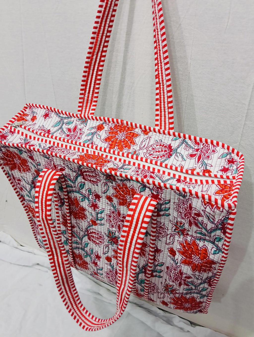 Raj Handicrafts Cotton Printed Tote Bag,Hand Bag Multicolor Quilted Hand Block Floral Printed Women's Carry Bag Shoulder Shopping Tote Bags 18x5.5x16 Inch (White 2)