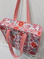 Raj Handicrafts Cotton Printed Tote Bag,Hand Bag Multicolor Quilted Hand Block Floral Printed Women's Carry Bag Shoulder Shopping Tote Bags 18x5.5x16 Inch (White 2)