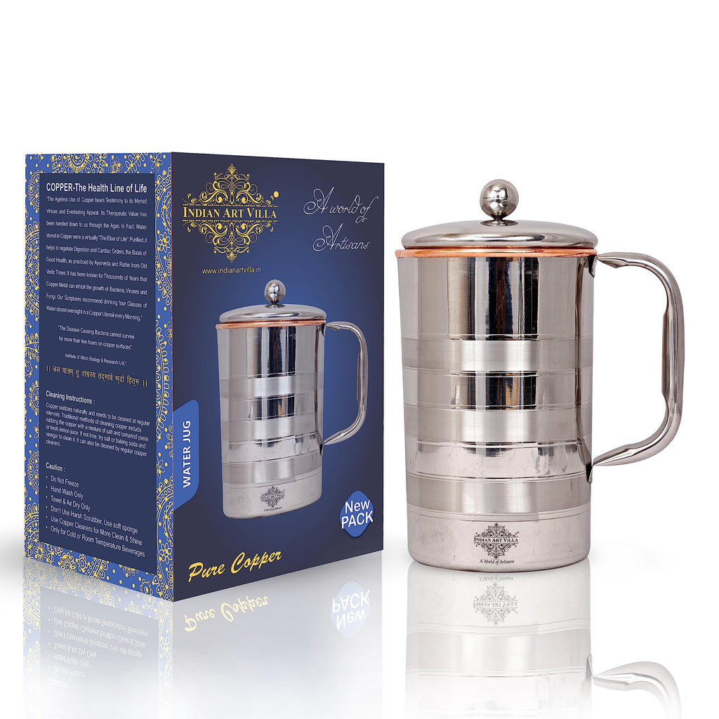 Indian Art Villa Lining Design Steel Copper Carafes, Storage & Serving Water Home Restaurant, 1000 ML