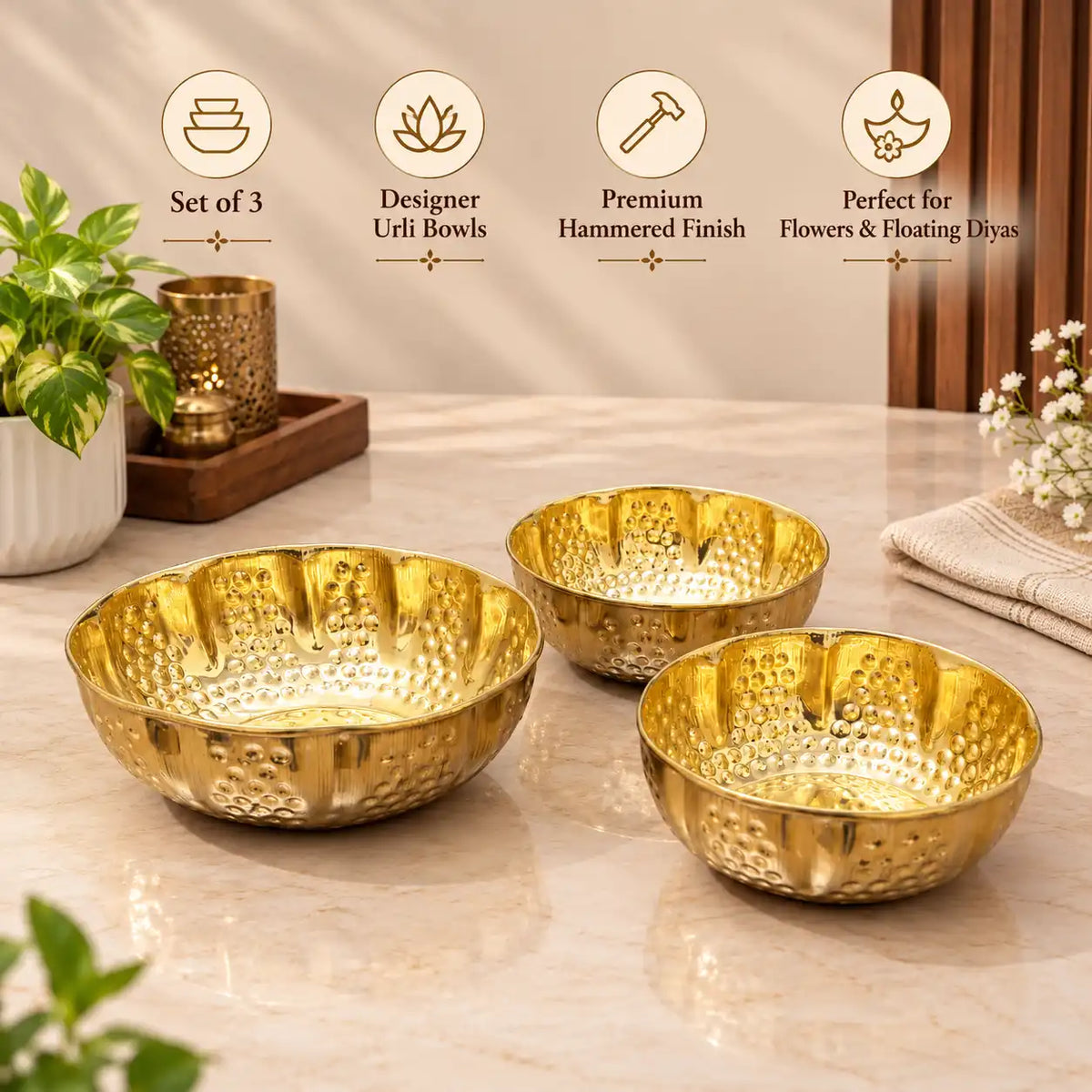 Brass Hammered Urli Bowl (Set of 3) Vedansh Craft