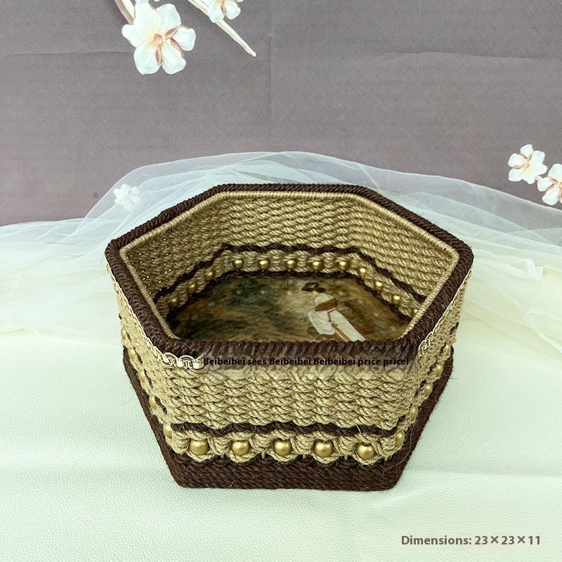 Hexagonal Storage Box Made Entirely Of Handmade Hemp Rope