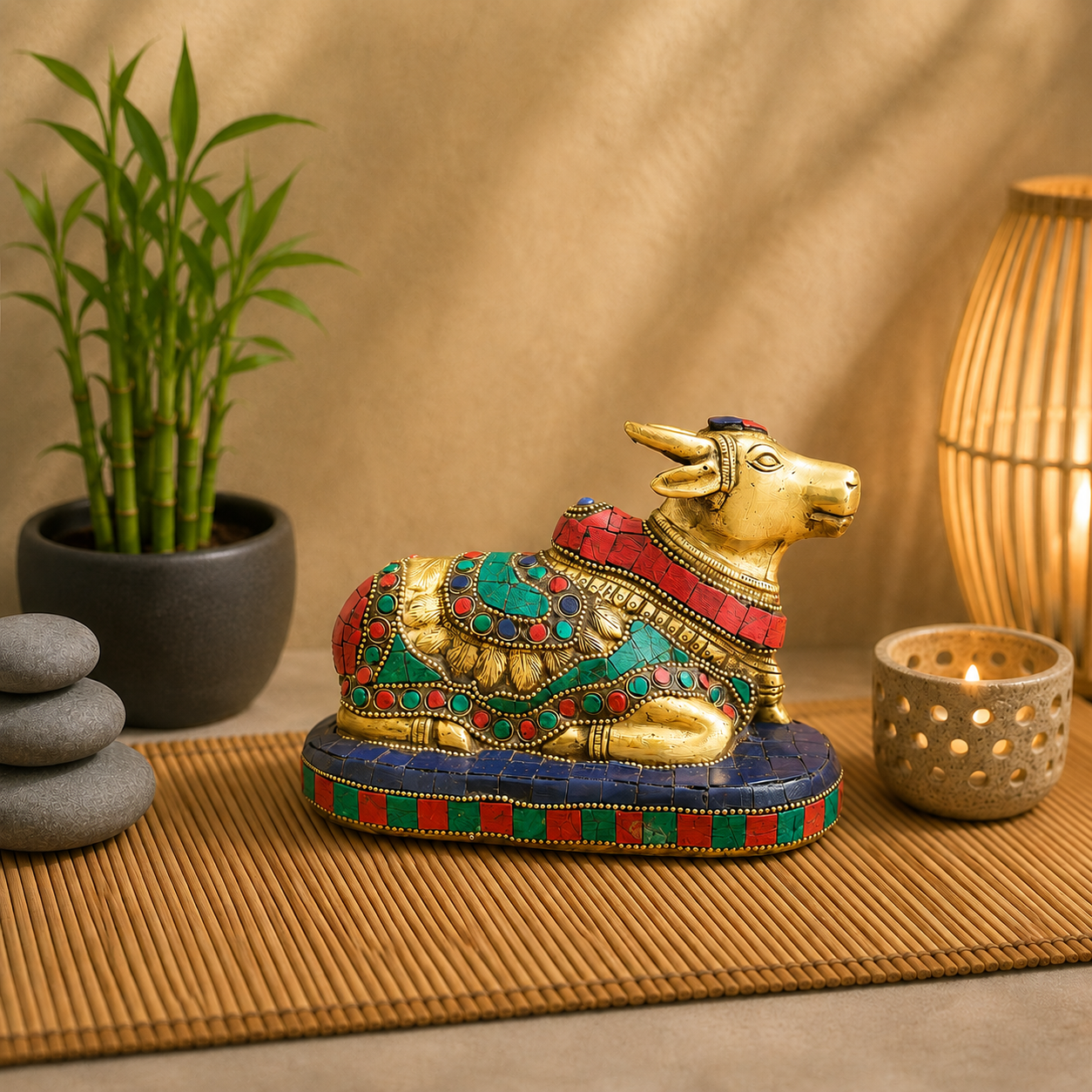 Brass Stone Work Sitting Nandi Idol (4.5 Inch) Vedansh Craft
