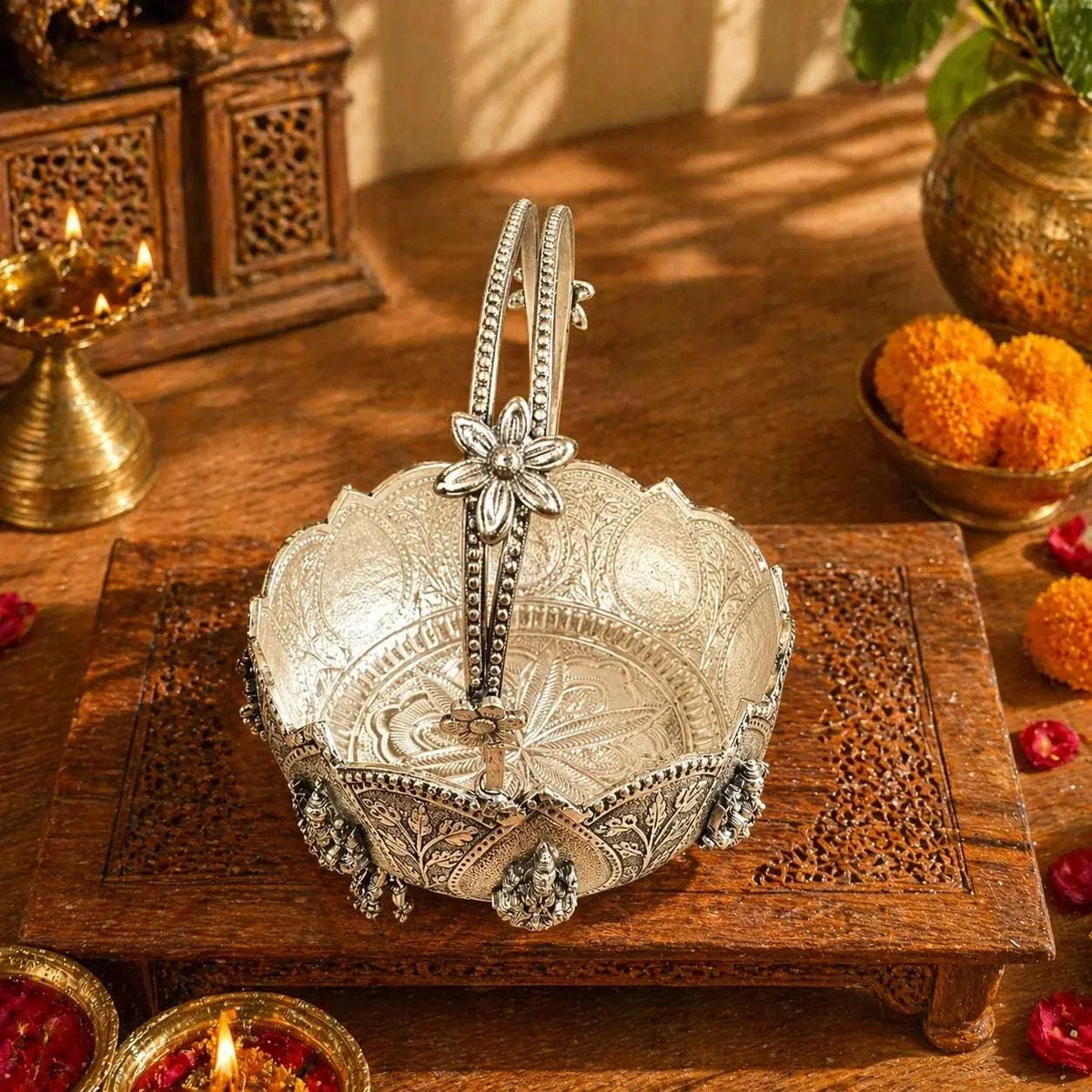 Brass Ashtalakshmi Basket With Handle And Leg (3.5 Inch) Vedansh Craft