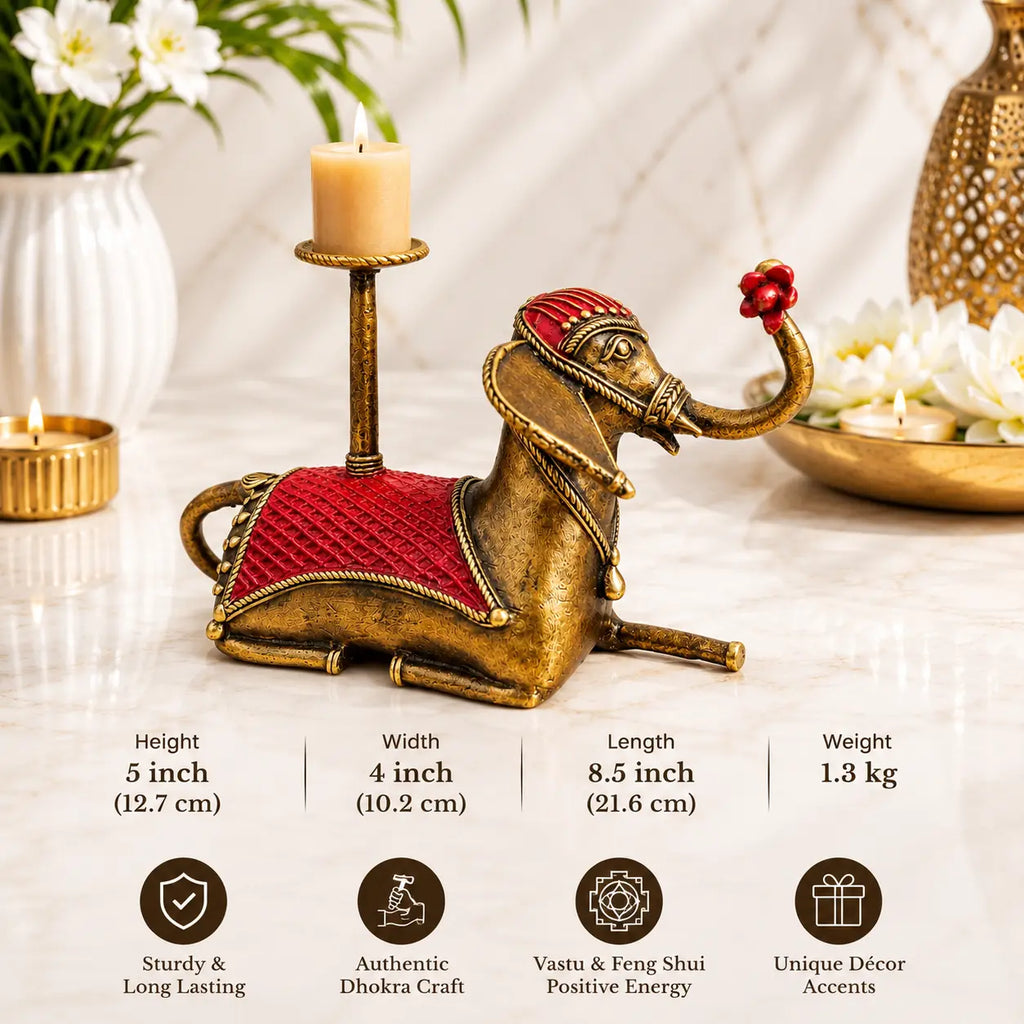 Brass Dhokra Sitting Elephant Statue With Candle Holder (5 Inch) Vedansh Craft