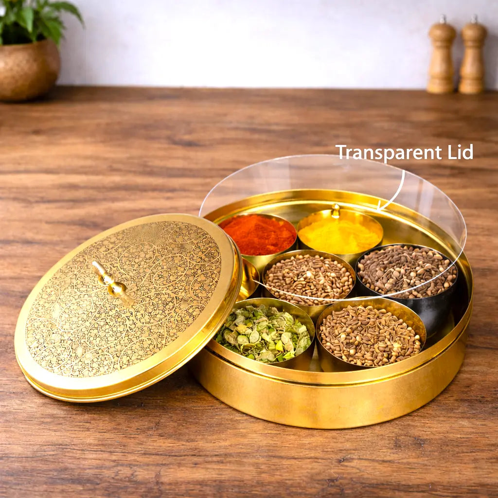 Brass Etched Floral Masala Daani / Spice Box (2.5 Inch) Vedansh Craft