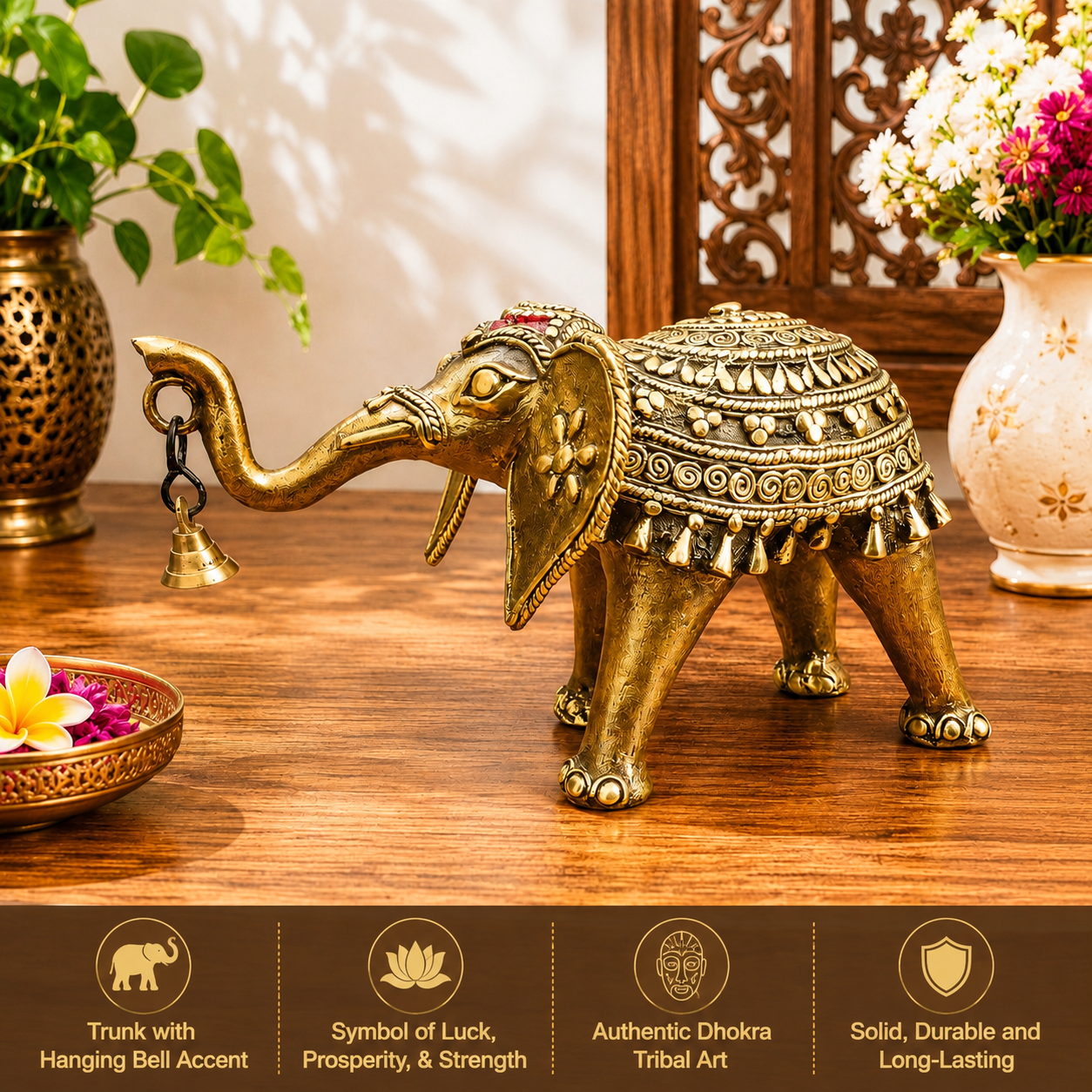 Brass Handcrafted Dhokra Elephant Statue With Bell (5.5 Inch) Vedansh Craft