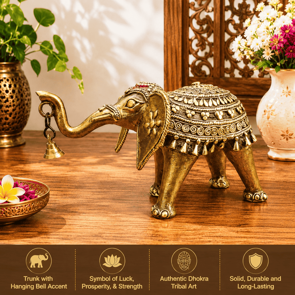 Brass Handcrafted Dhokra Elephant Statue With Bell (5.5 Inch) Vedansh Craft