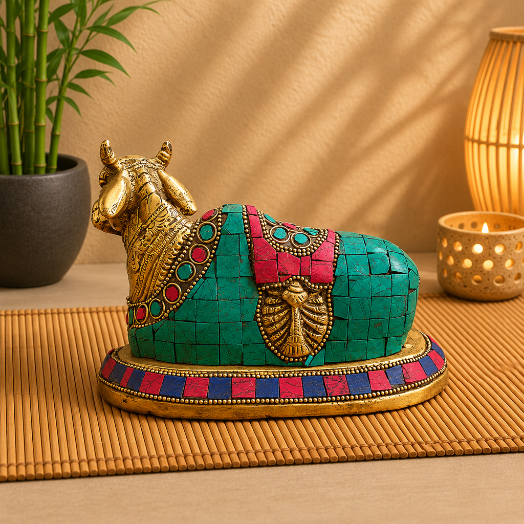 Brass Stone Work Sitting Nandi Idol (4.5 Inch) Vedansh Craft