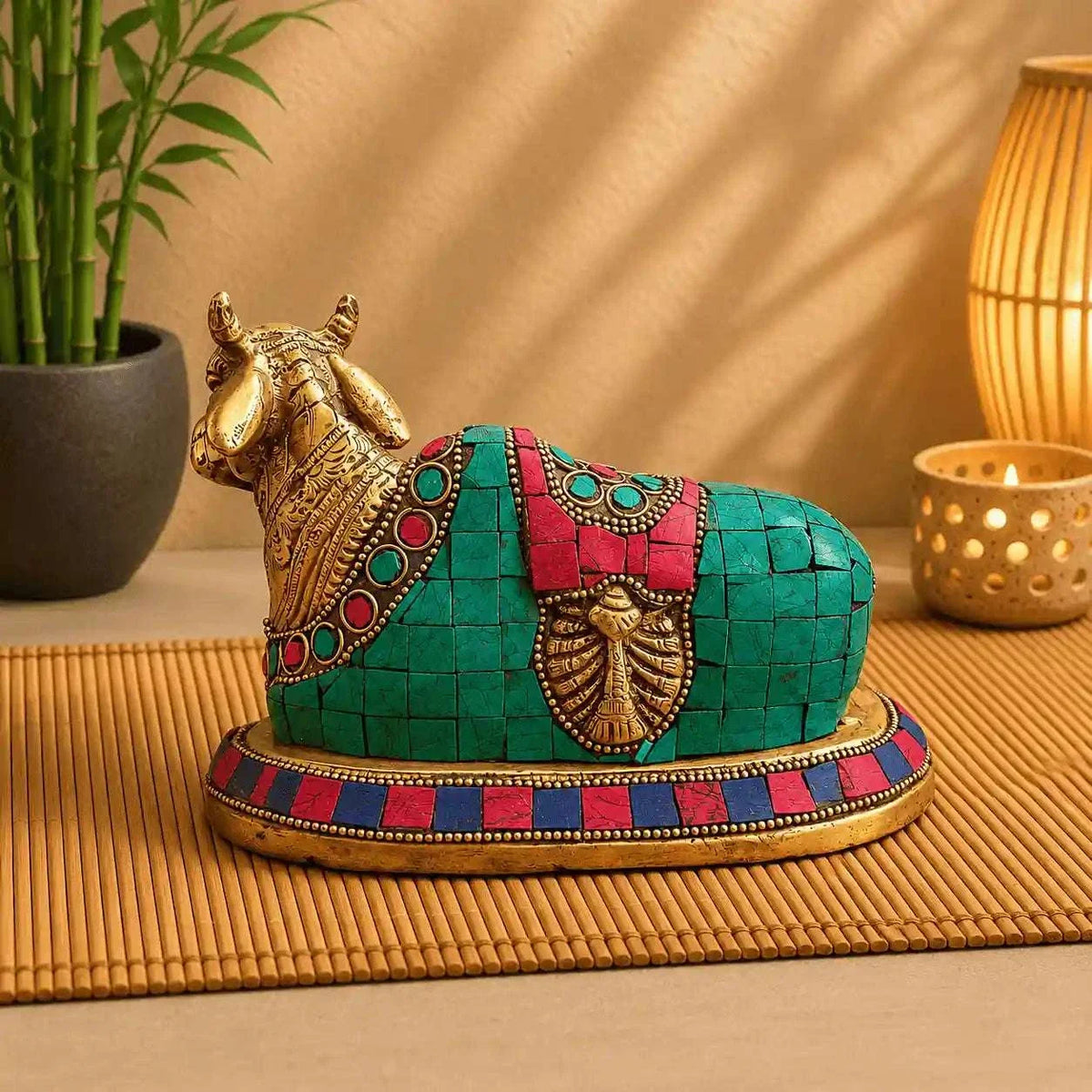 Brass Stone Work Sitting Nandi Idol (4.5 Inch) Vedansh Craft