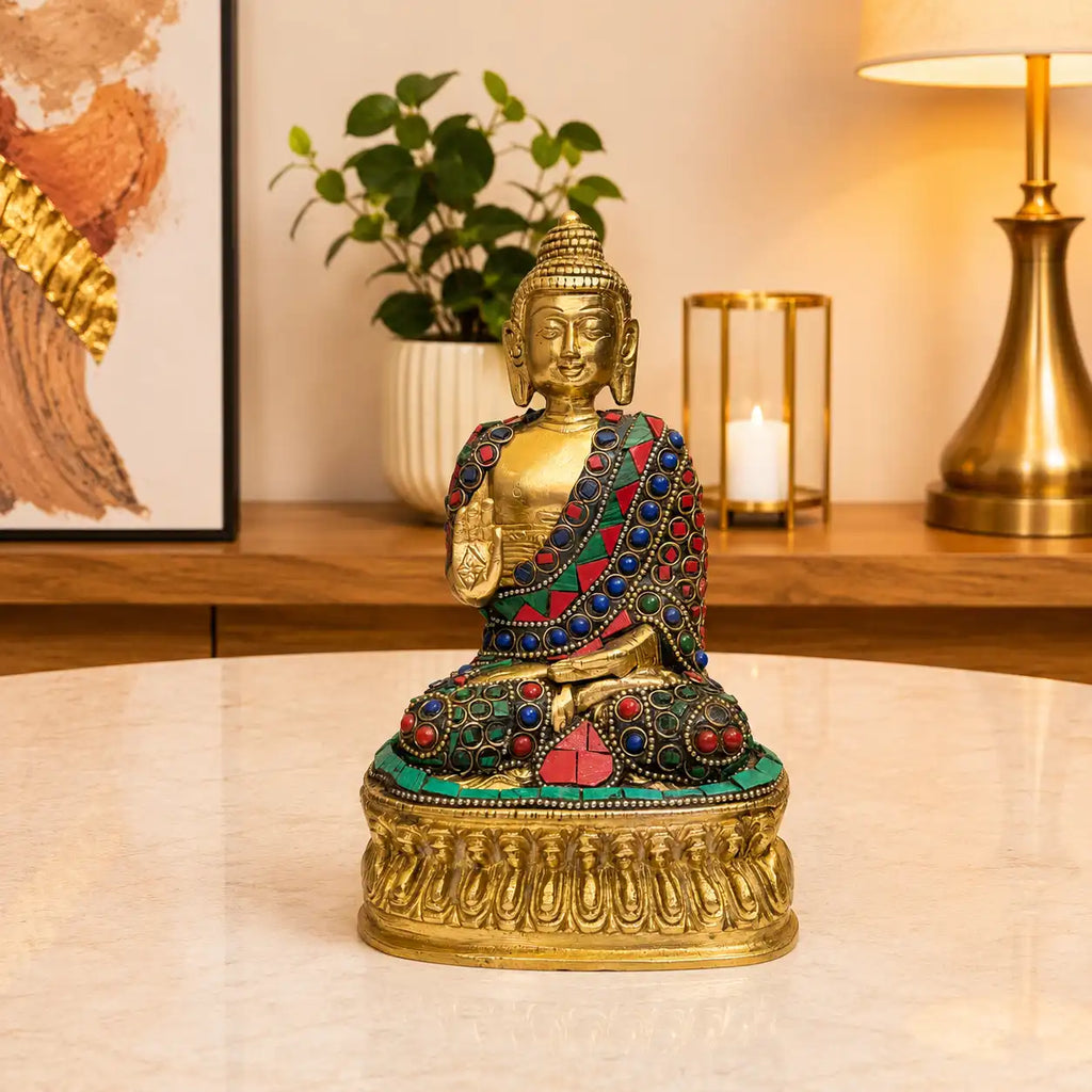 Brass Stone Work Blessing Sitting Buddha Statue Vedansh Craft