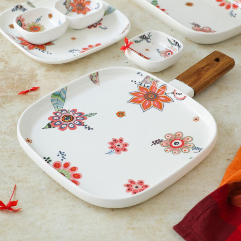 Square Floral Plate with Handle Nestasia