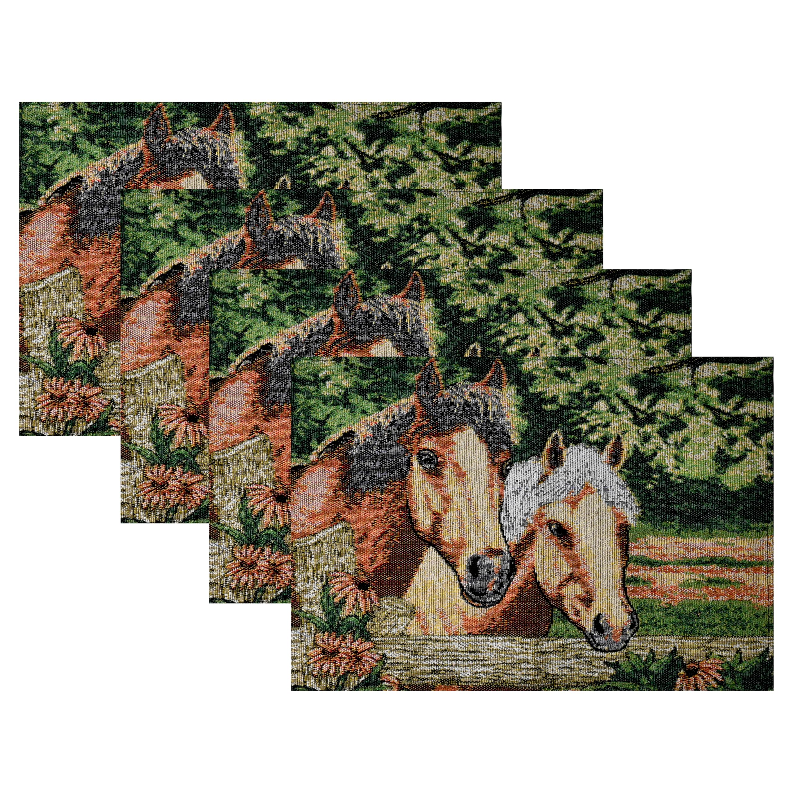 PRAKARTIK BY INDUARTS Horse Design Eco-Friendly Cotton Dining Rectangular Table mats - Reusable, Machine Washable, Everyday Use Green & Brown Placemats, Set of 4 (33x47 cm) Kafalo