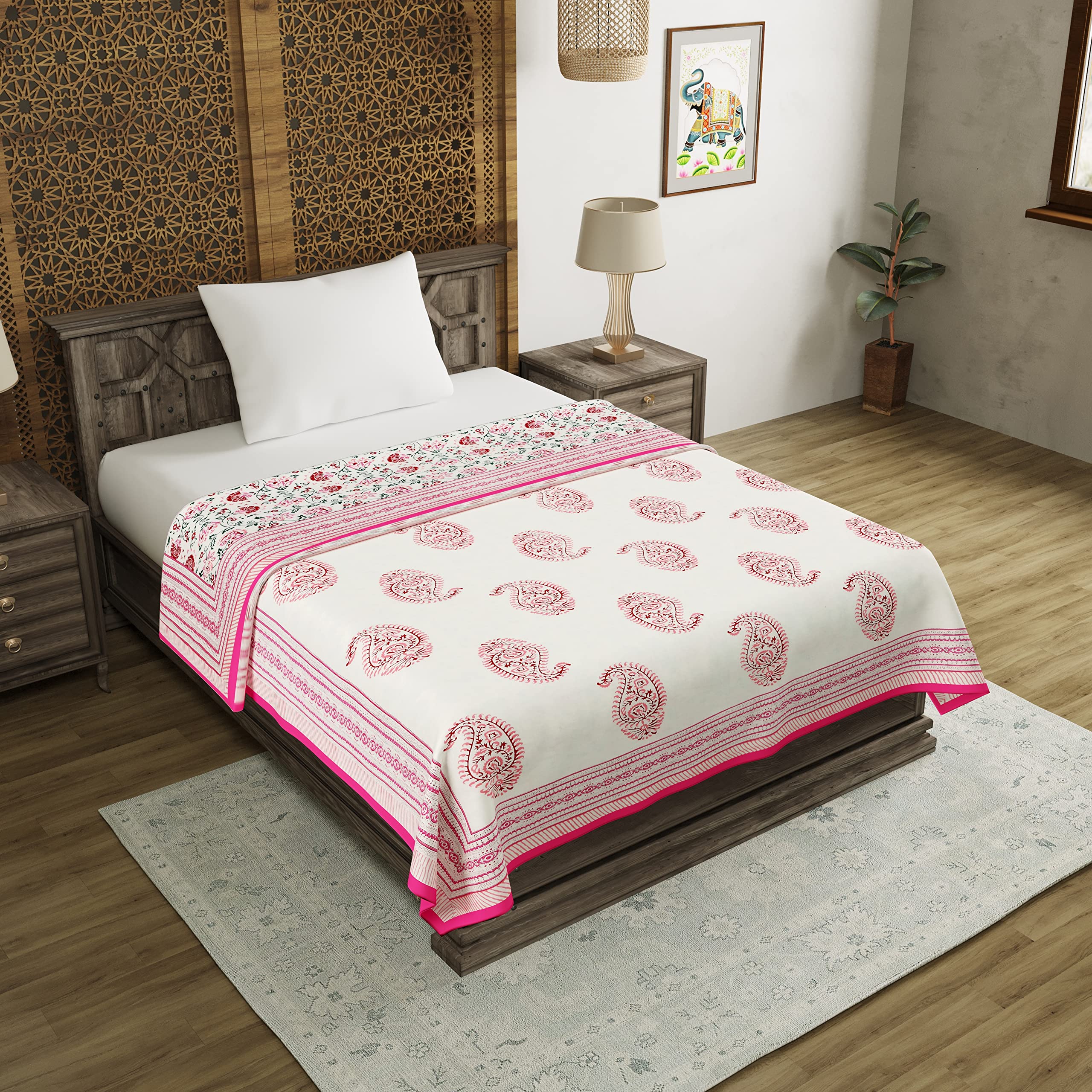 BLOCKS OF INDIA Cotton Malmal Hand Block Printed Summer Single Size Reversible Dohar (Multicolour),300 TC Kafalo