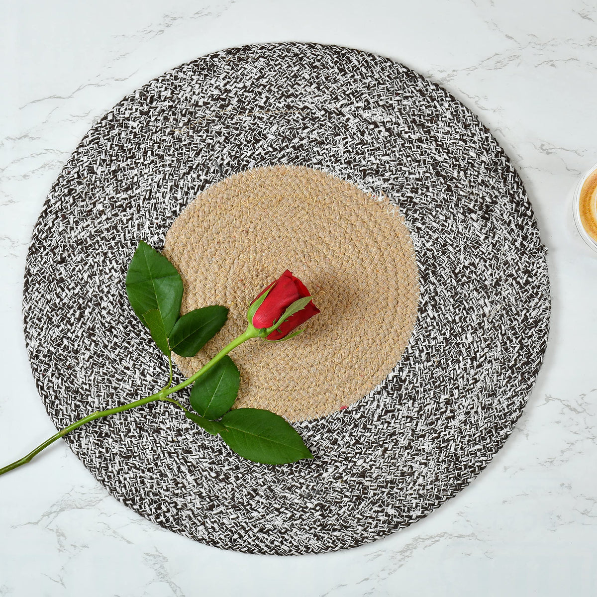 LaVichitra Braided Cotton Placemats 33 Cm Round - Dining Table, Bed Side/Centre Table/Shelves -Coffee - 6 Piece Kafalo