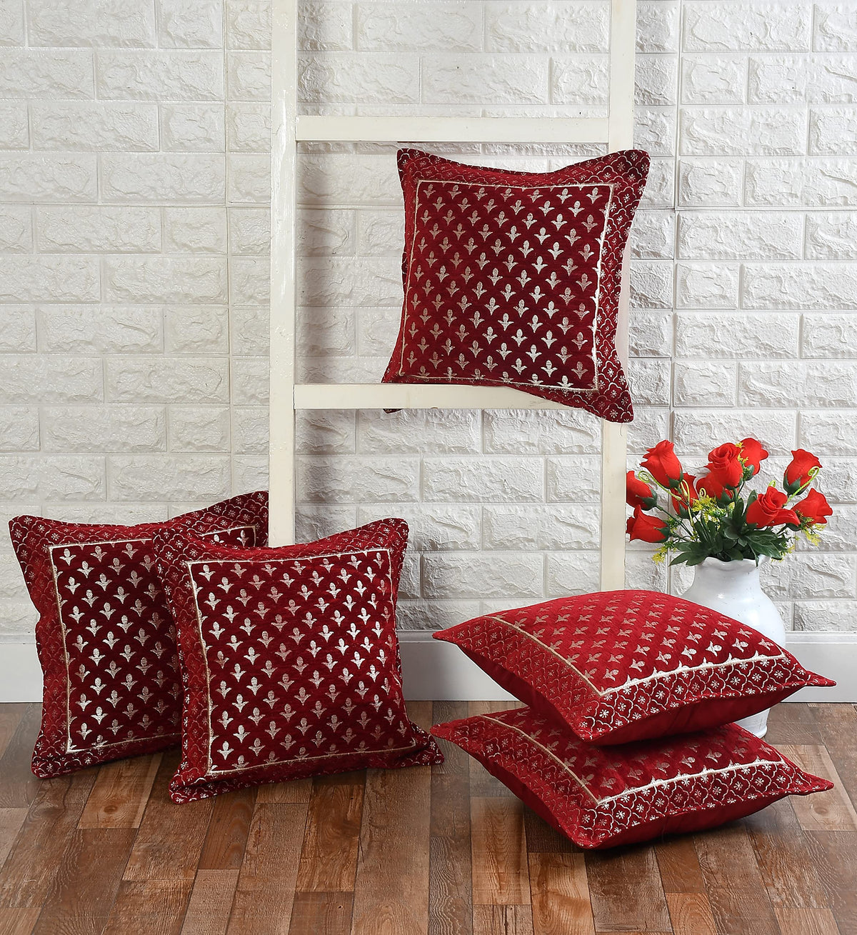 DECOMIZER Jacquard Geomteric Cushion Covers 16 Inch X 16 Inch Set Of 5 Ethnic Motifs 240 TC Cushion Covers,Design- Star,Color- Maroon
