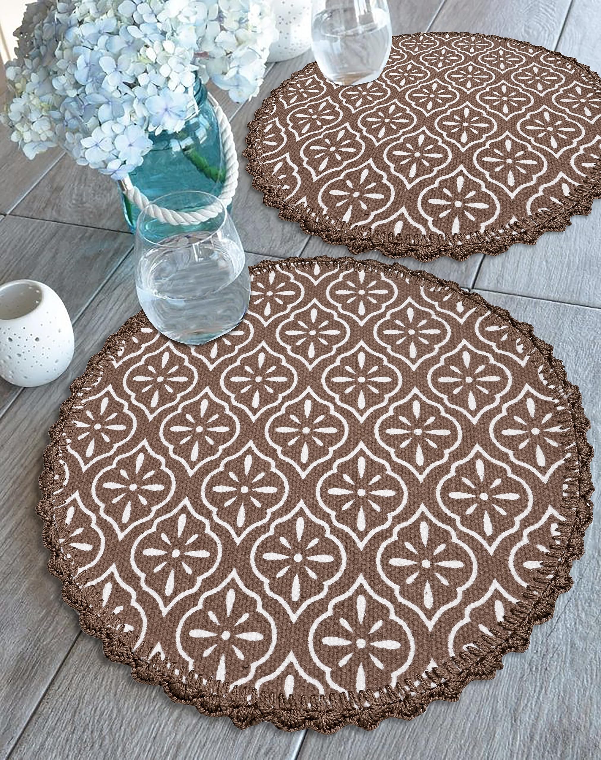 SARAL HOME EASY LIVING Jute and Cotton Crochet Antiskid Printed Round Table Mat|Placemats for Bed-Side Table, Center Table, Dining Table, Shelves|Home Decor, Set of 2 pc (Brown, 38x38 cm) Kafalo