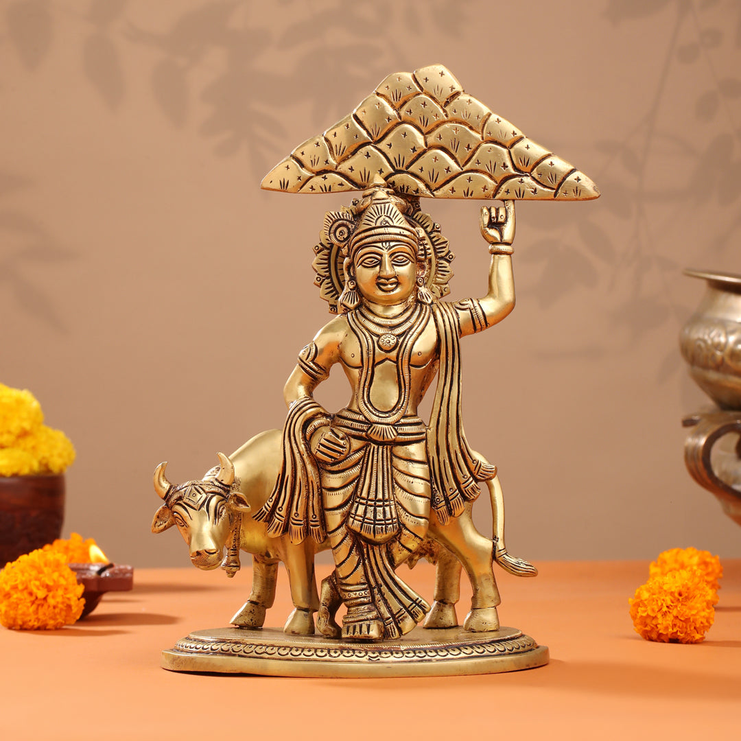 Brass Krishna With Cow And Goverdhan Parvat Idol (11 Inch) Vedansh Craft