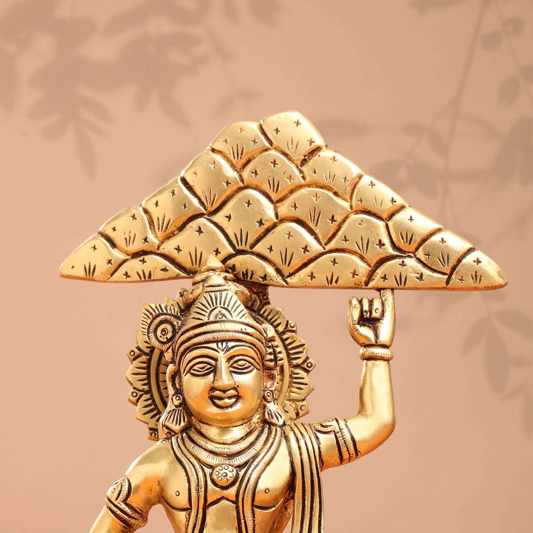 Brass Krishna With Cow And Goverdhan Parvat Idol (11 Inch) Vedansh Craft