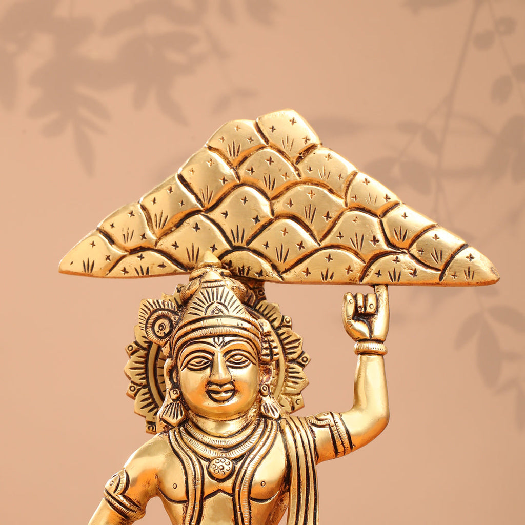 Brass Krishna With Cow And Goverdhan Parvat Idol (11 Inch) Vedansh Craft