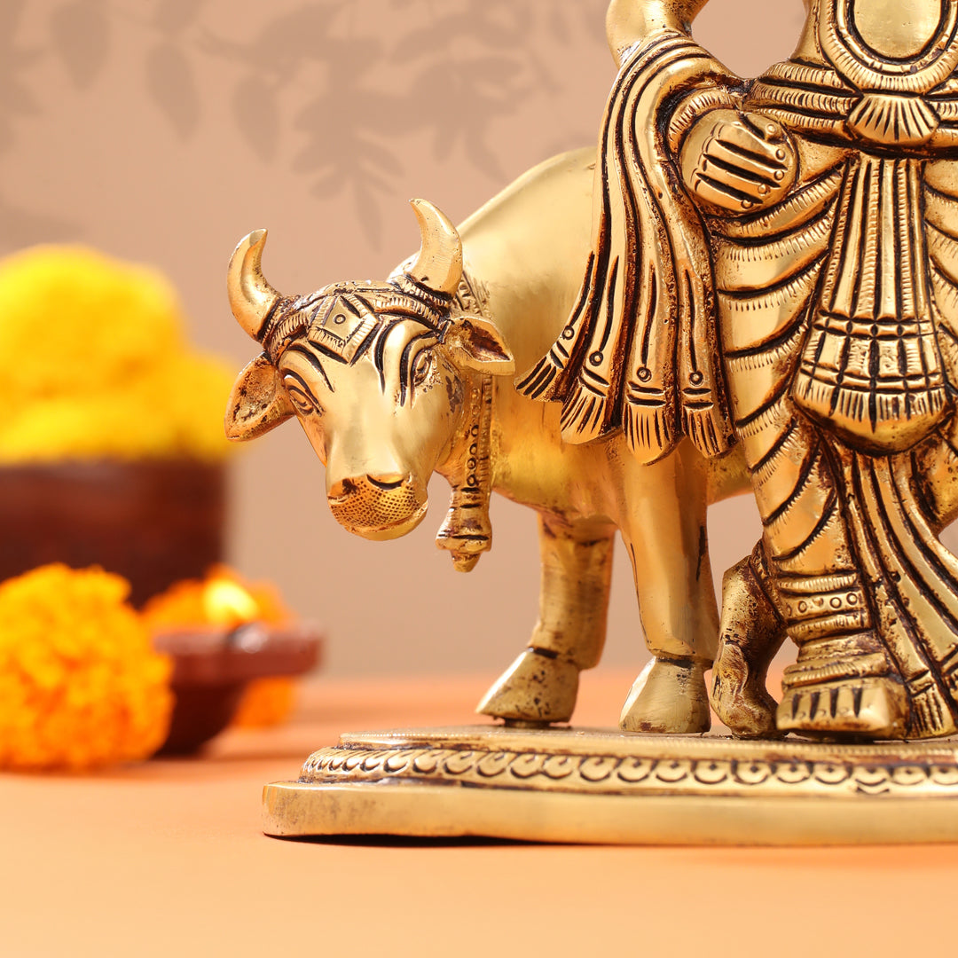 Brass Krishna With Cow And Goverdhan Parvat Idol (11 Inch) Vedansh Craft