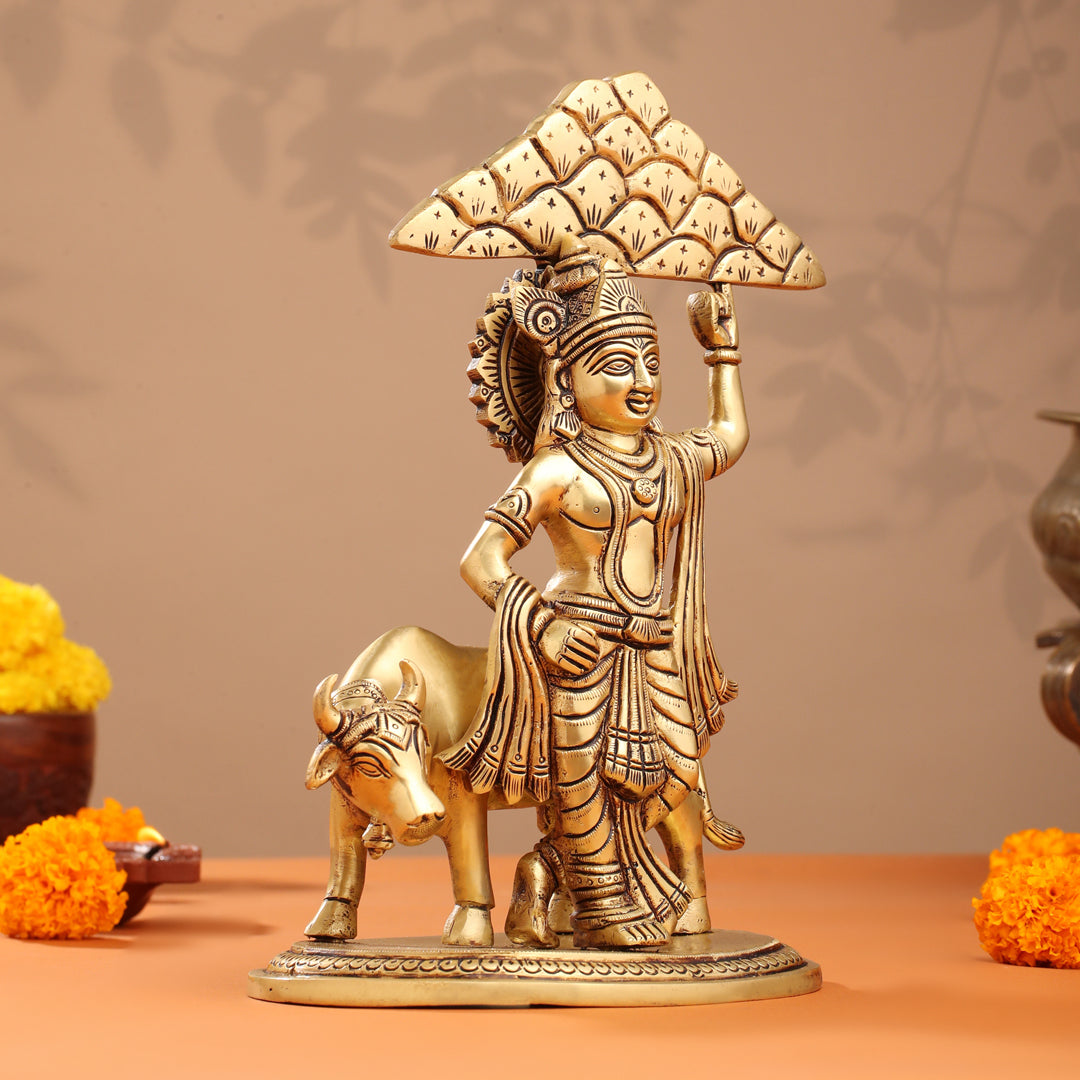 Brass Krishna With Cow And Goverdhan Parvat Idol (11 Inch) Vedansh Craft