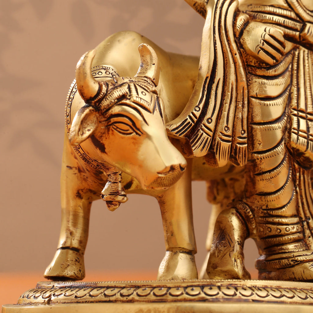 Brass Krishna With Cow And Goverdhan Parvat Idol (11 Inch) Vedansh Craft