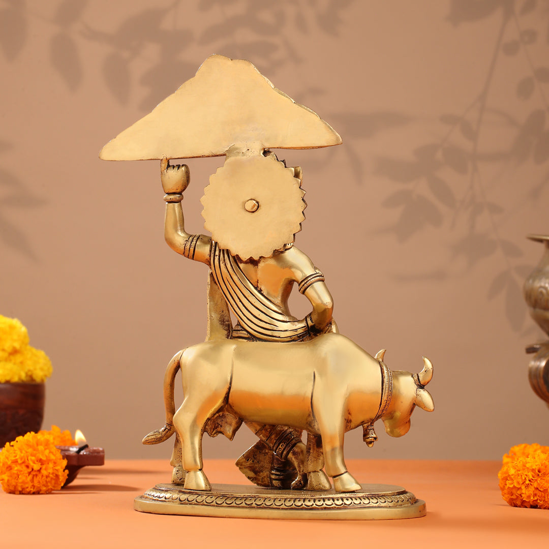 Brass Krishna With Cow And Goverdhan Parvat Idol (11 Inch) Vedansh Craft