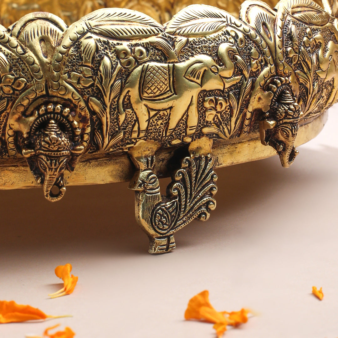 Brass Ganesha And Elephant Carving Urli (3.5 Inch) Vedansh Craft