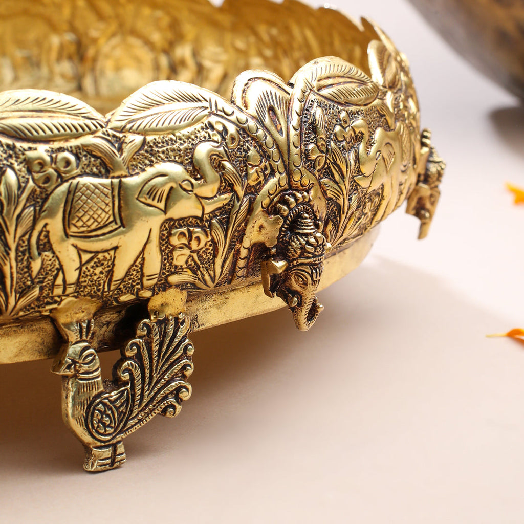 Brass Ganesha And Elephant Carving Urli (3.5 Inch) Vedansh Craft